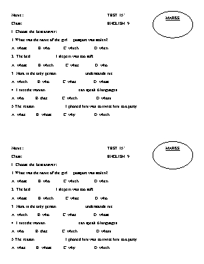 Bộ đề kiểm tra 15 phút môn Tiếng Anh Lớp 9